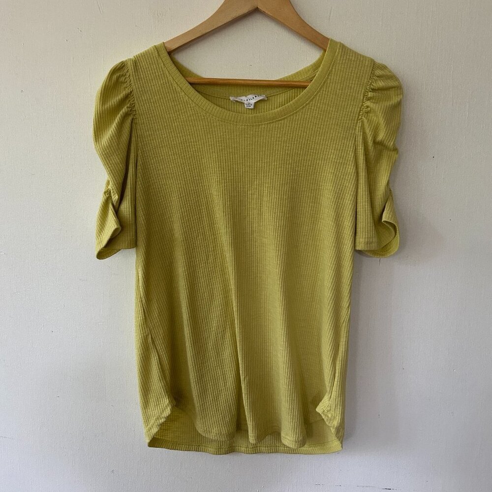 Jane and Delanceyโ Yellow Ribbed Top Womens Medium Puff Sleeves Coquette FLAW